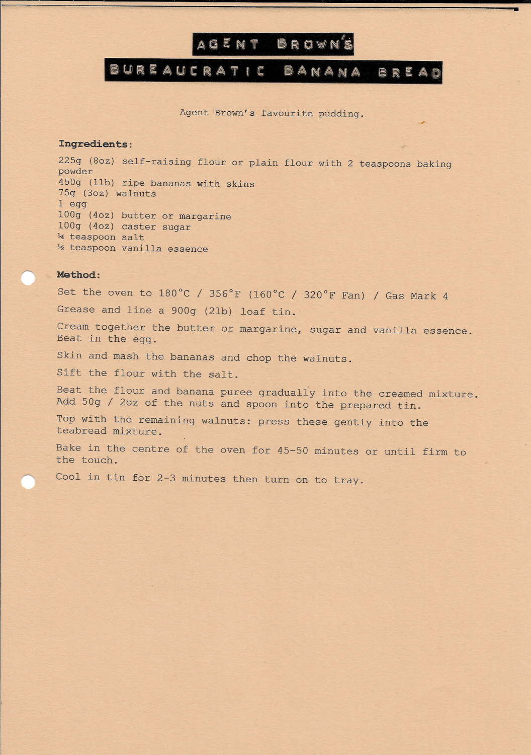 Front of recipe card - Agent Brown’s Bureaucratic Banana Bread