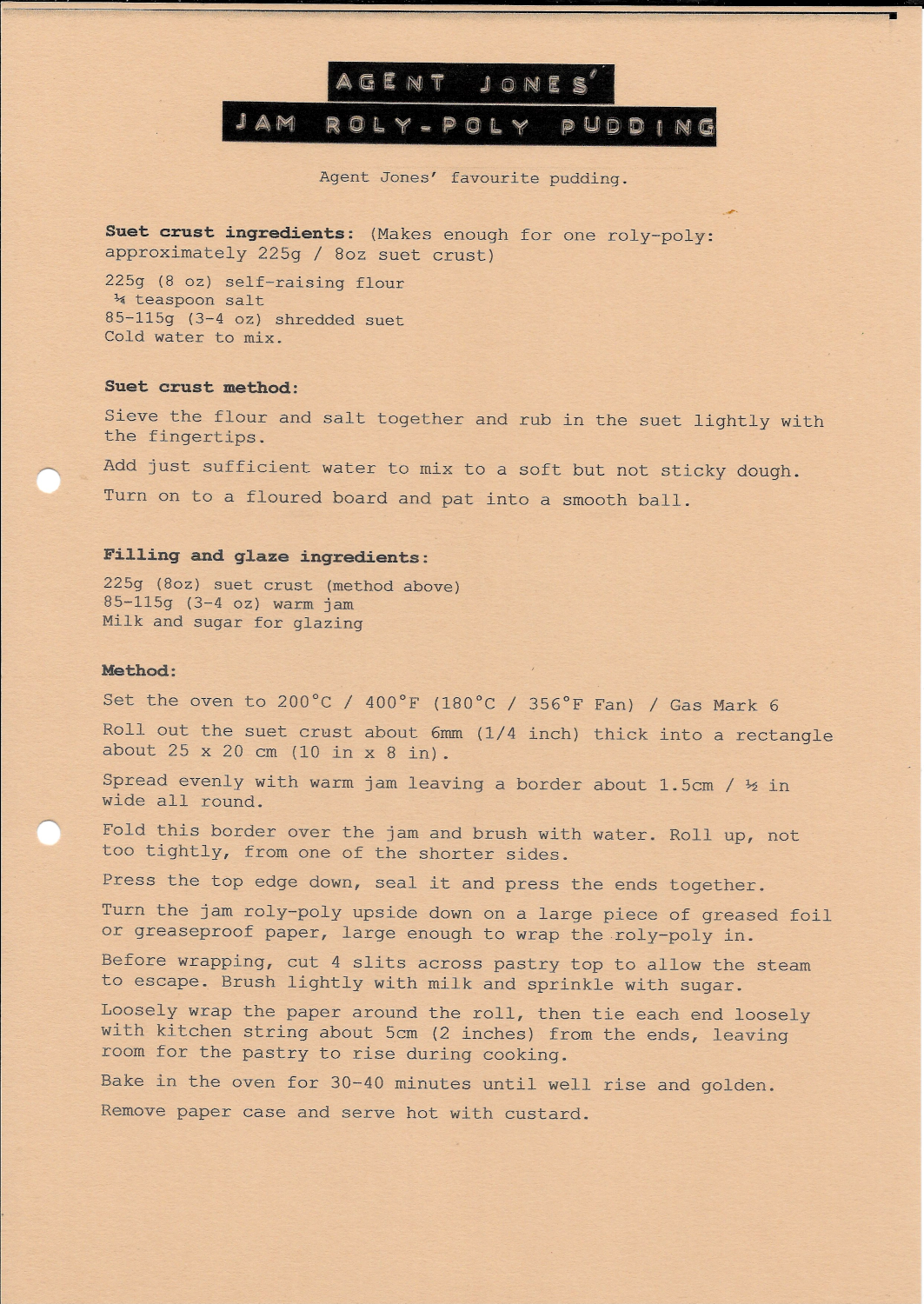 Front of recipe card - Agent Jones’ Jam Roly-Poly Pudding