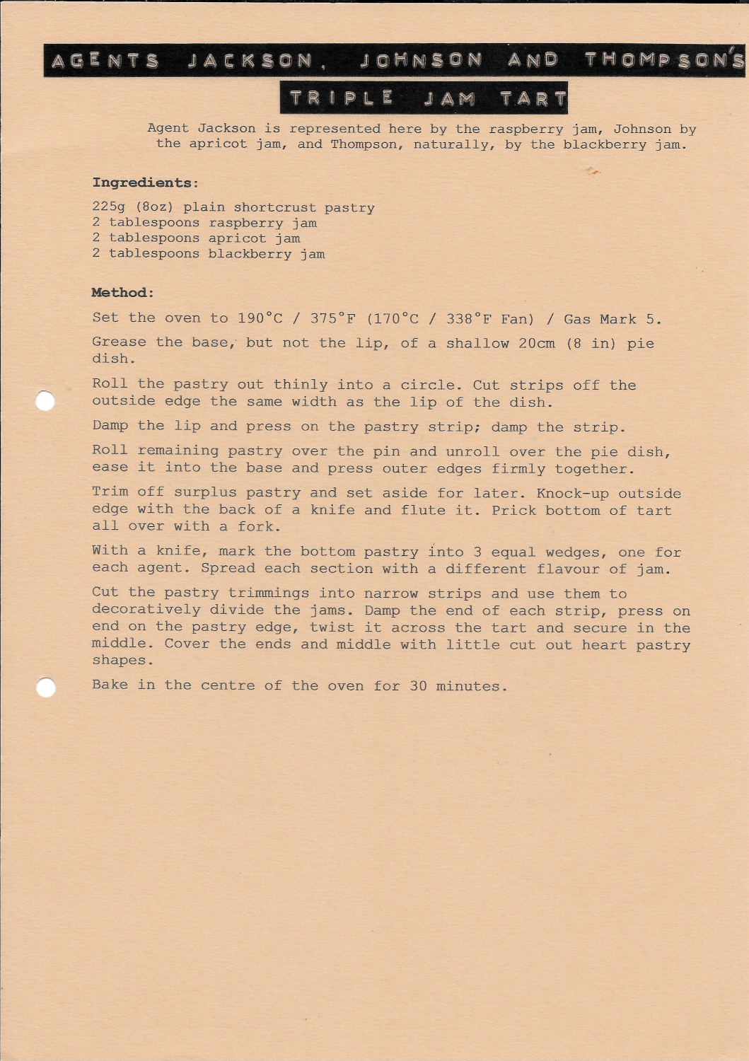Front of recipe card - Agents Jackson, Johnson and Thompson’s Triple Jam Tart