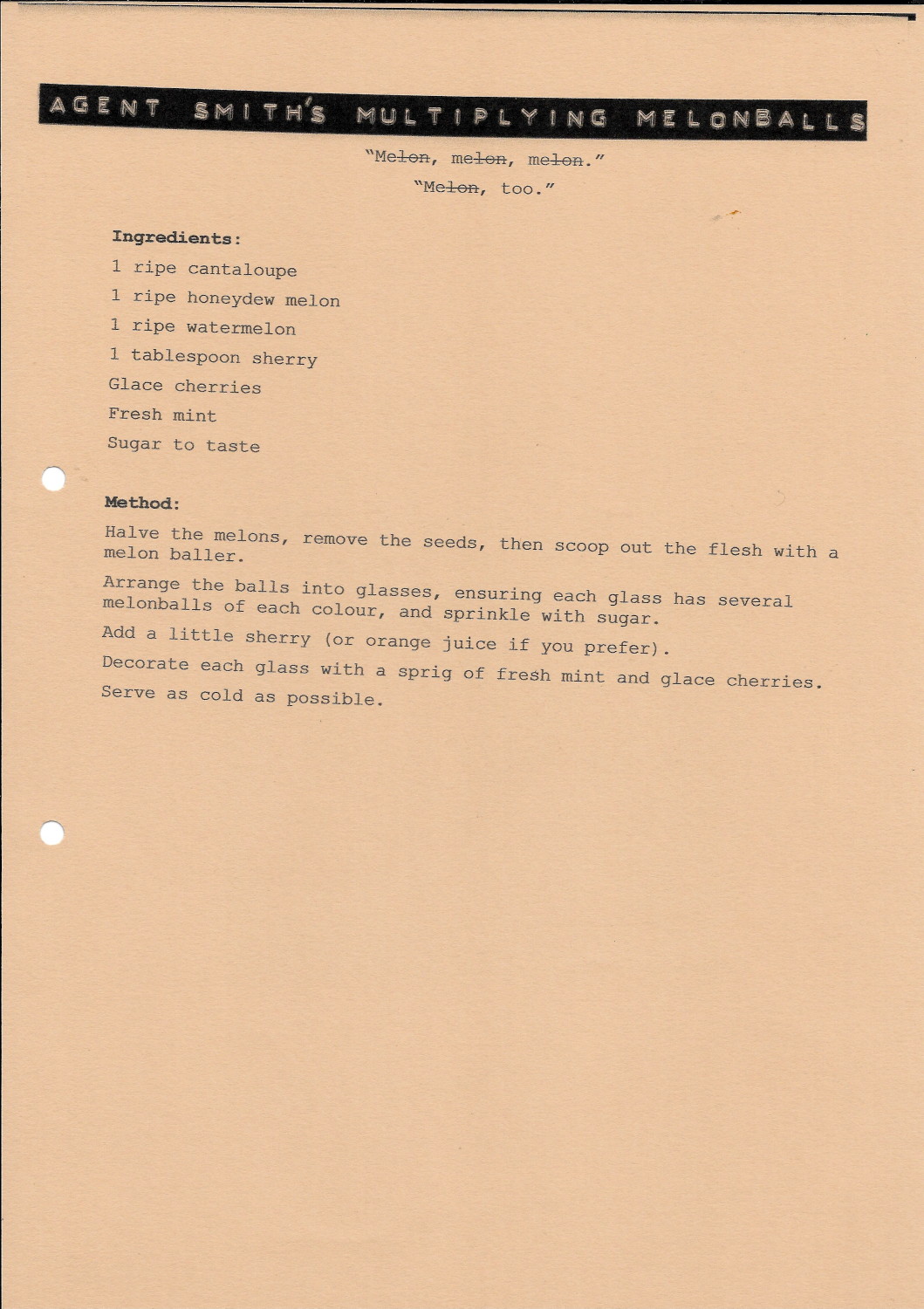 Front of recipe card - Agent Smith’s Multiplying Melonballs