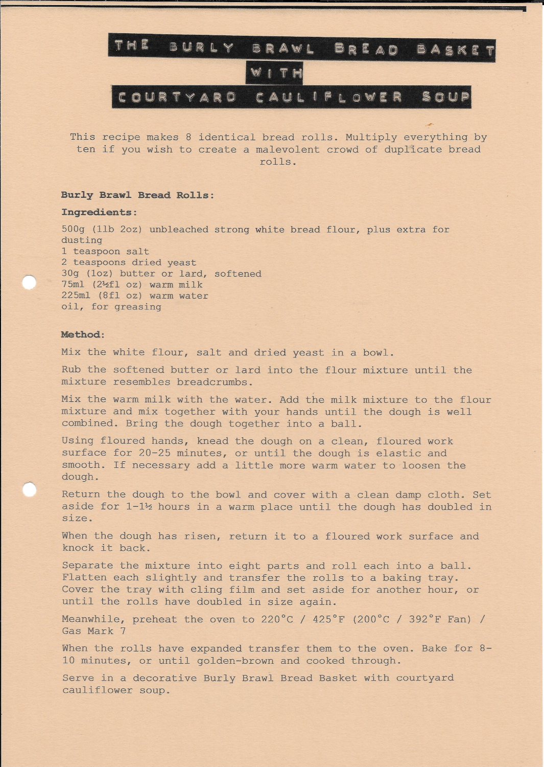 Front of recipe card - The Burly Brawl Bread Basket with Courtyard Cauliflower Soup