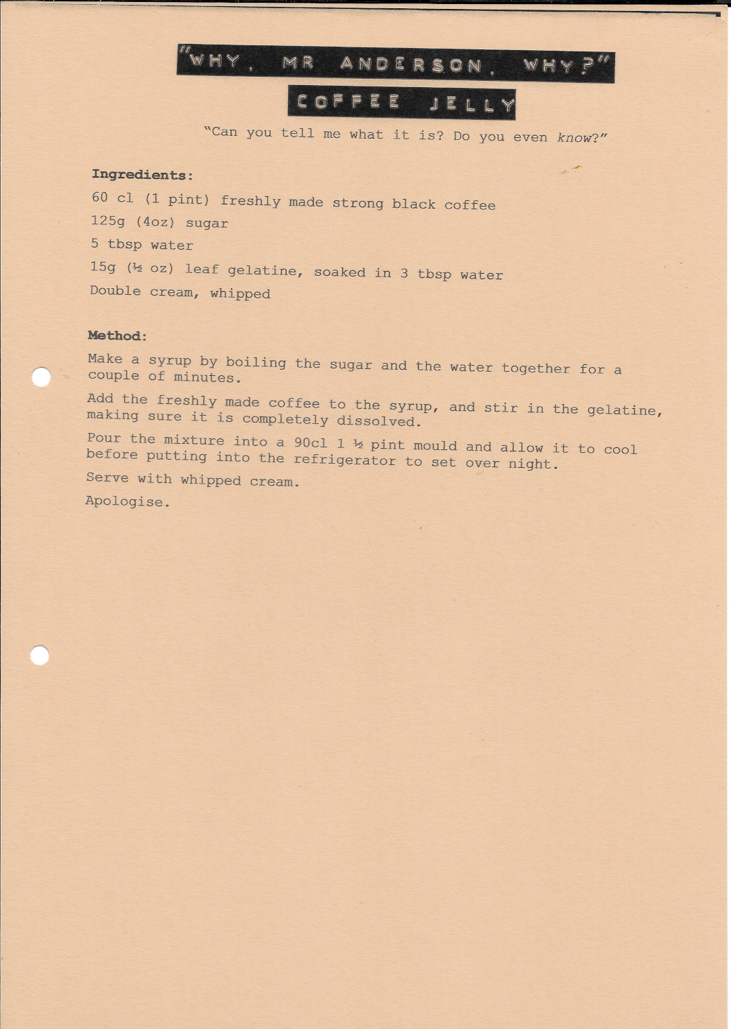 Front of recipe card - Why, Mr Anderson, Why? Coffee Jelly