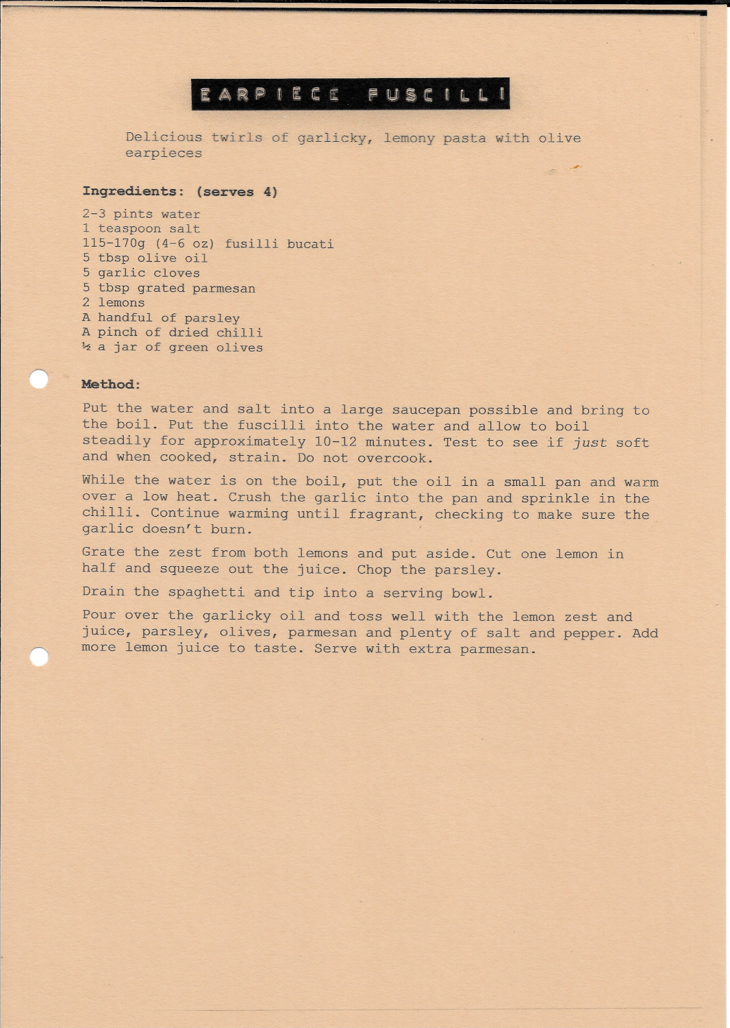 Front of recipe card - Earpiece Fuscilli