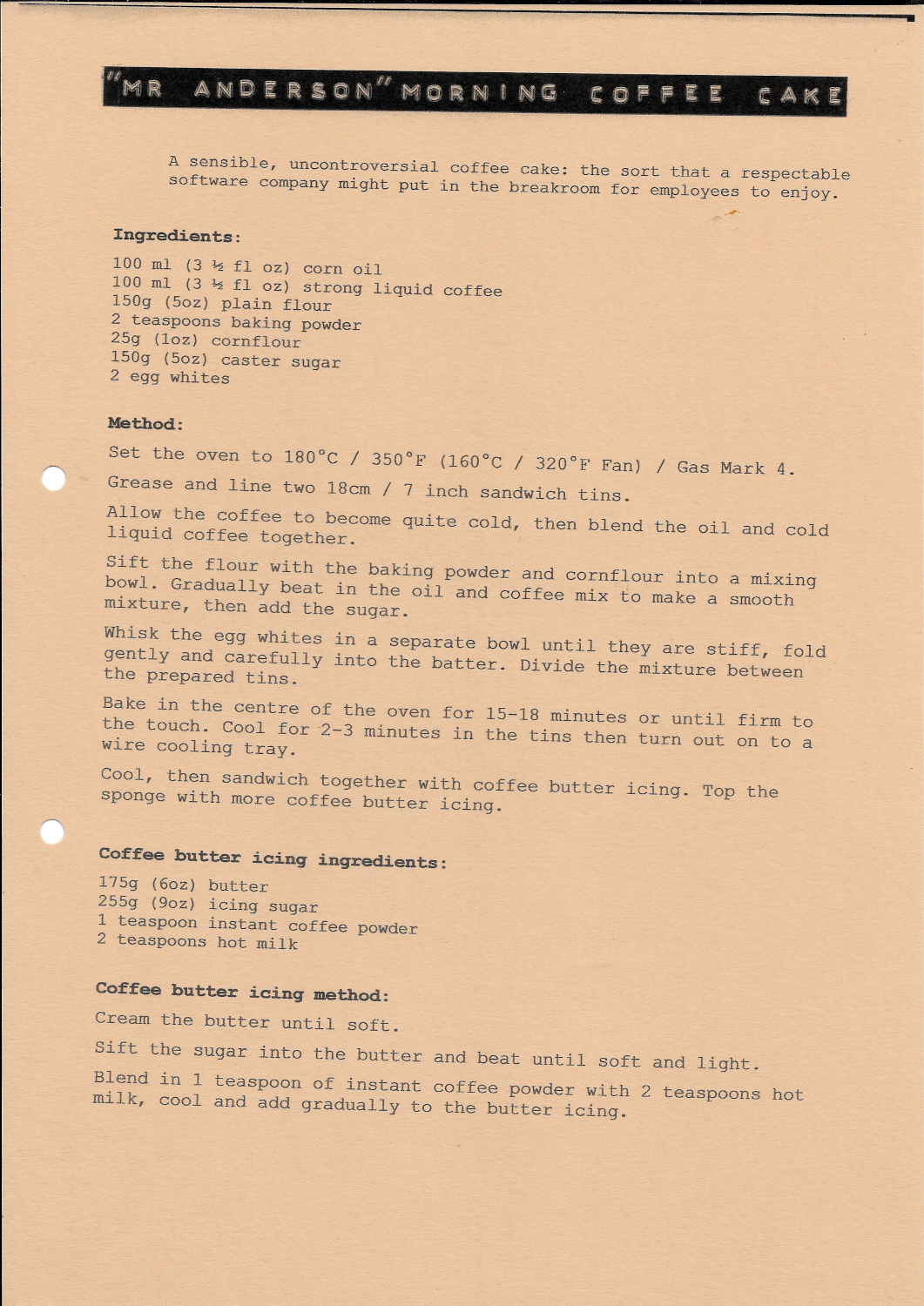 Front of recipe card - Mr Anderson Morning Coffee Cake