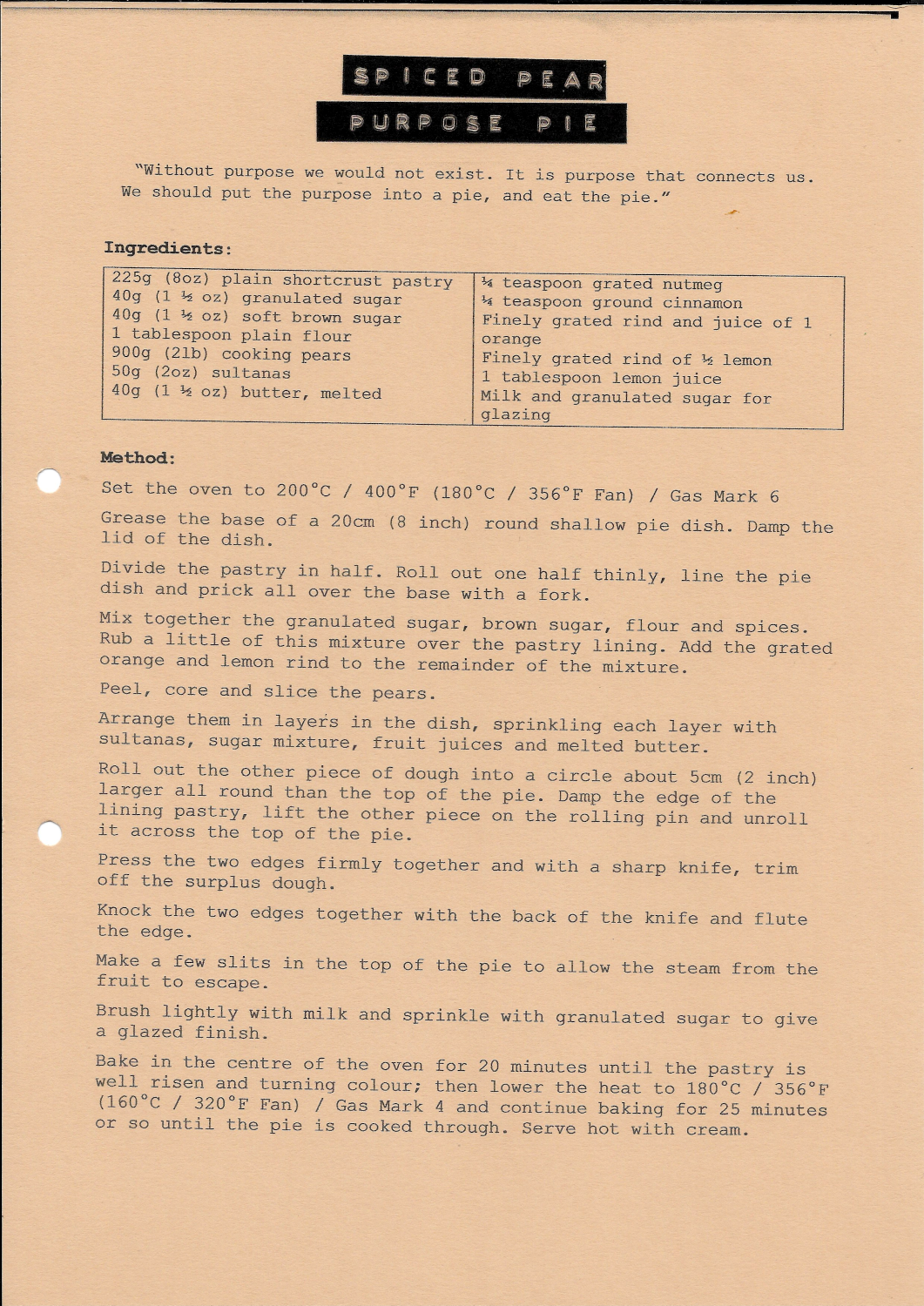 Front of recipe card - Spiced Pear Purpose Pie