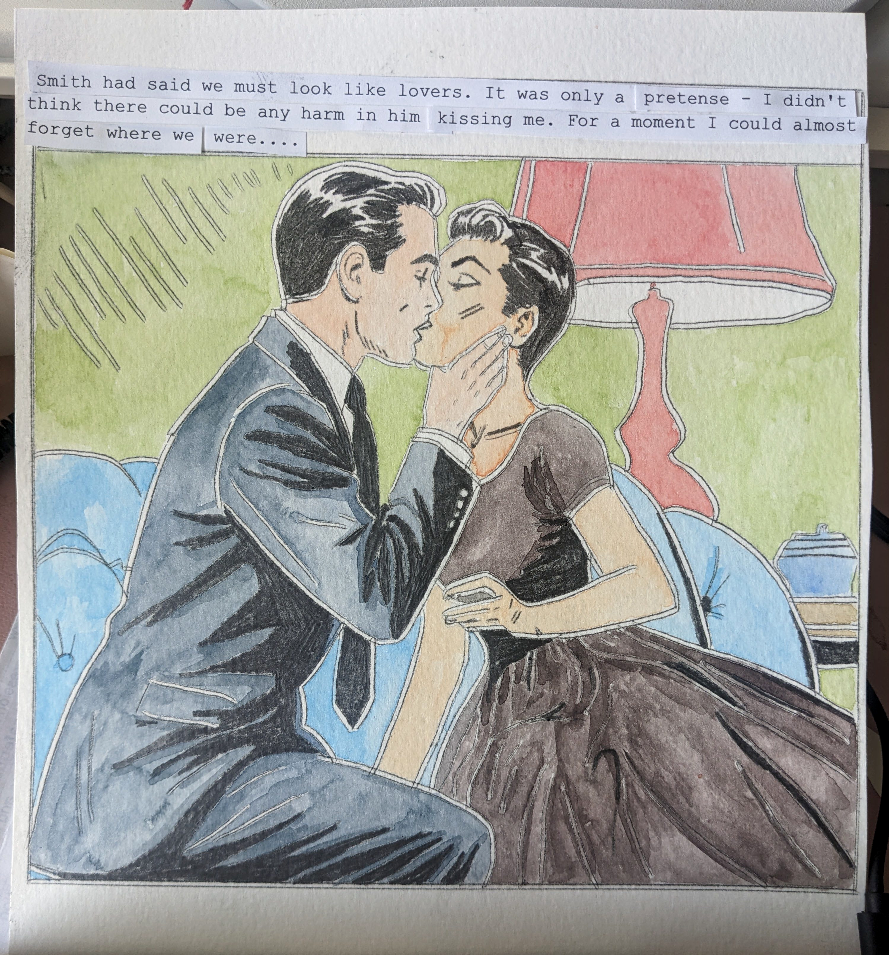 First of two Smith and Neo watercolour panels by Sketch, with pasted typed captions