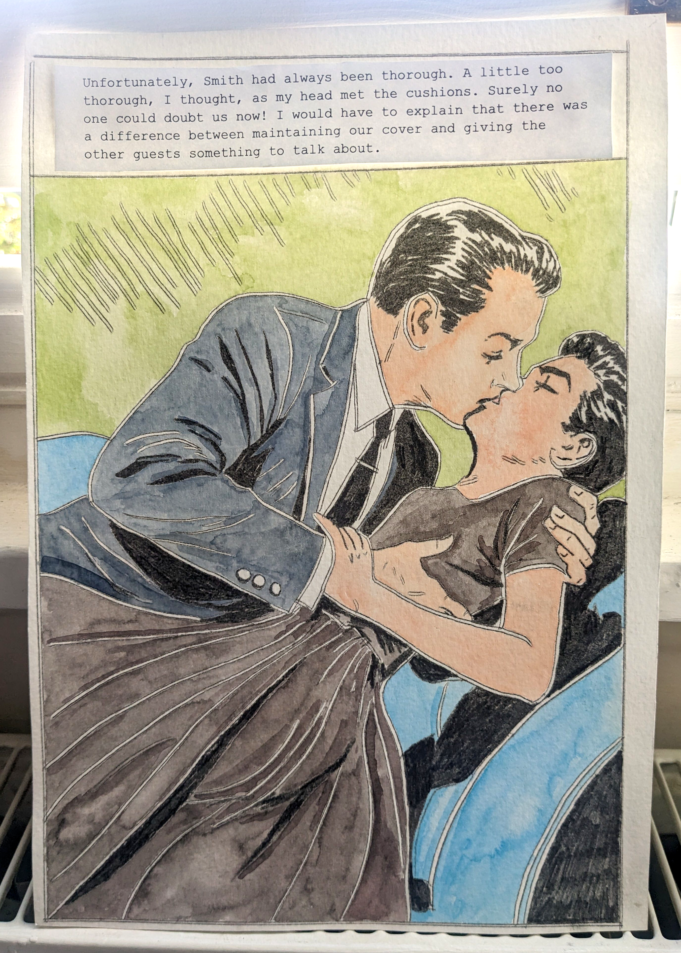 Second of two Smith and Neo watercolour panels by Sketch, with pasted typed captions